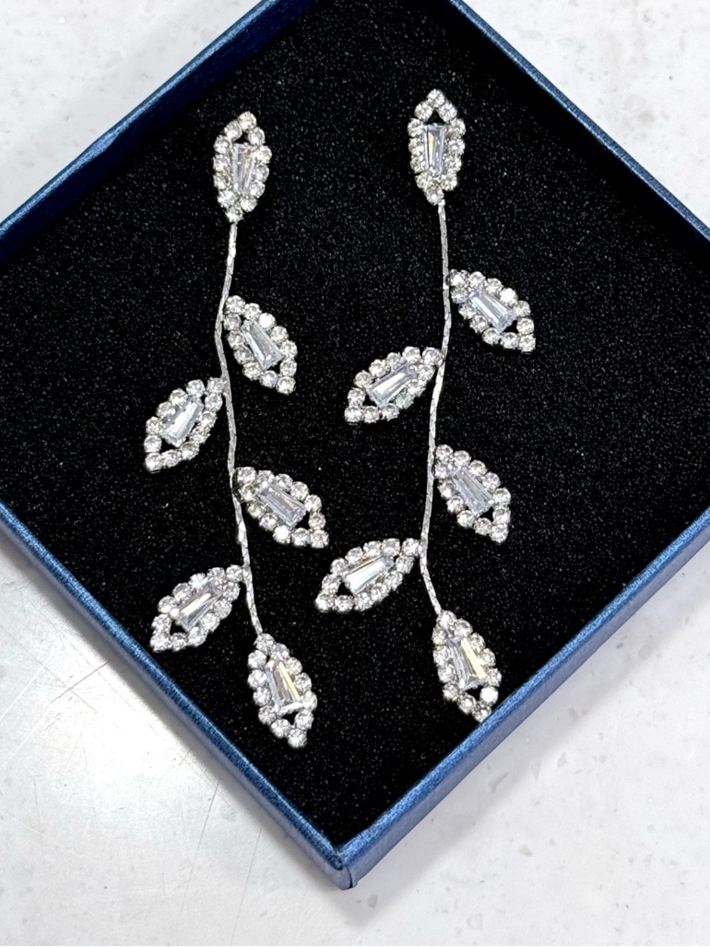 Elegant Silver Crystal Leaf Drop Earrings - White